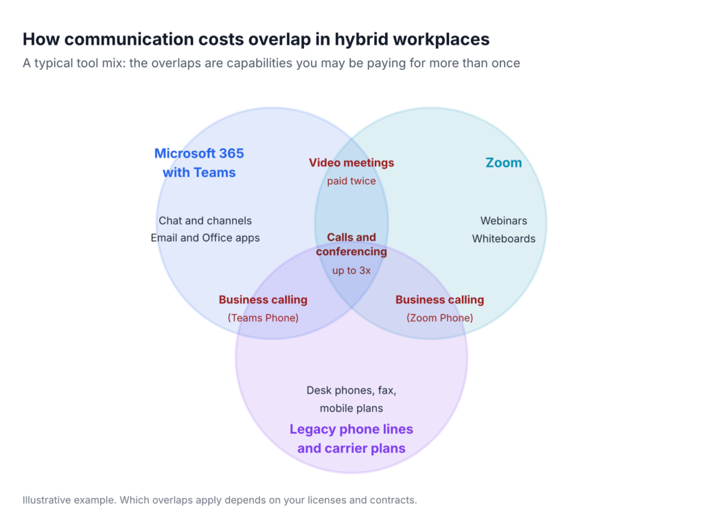 Venn diagram of overlapping communication tools in a hybrid workplace: Microsoft 365 with Teams, Zoom, and legacy phone lines and carrier plans. Video meetings are paid for twice between Teams and Zoom, business calling overlaps between each platform and legacy phone lines, and calls and conferencing can be paid for up to three times